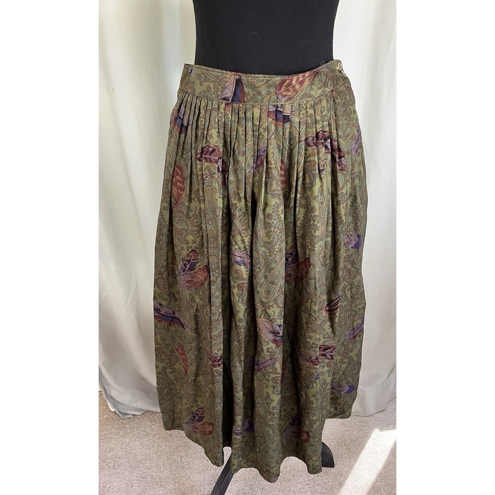 Herman Geist Vintage 80s Paisley Pleated Midi Skirt Sz 8 Green Preppy Retro